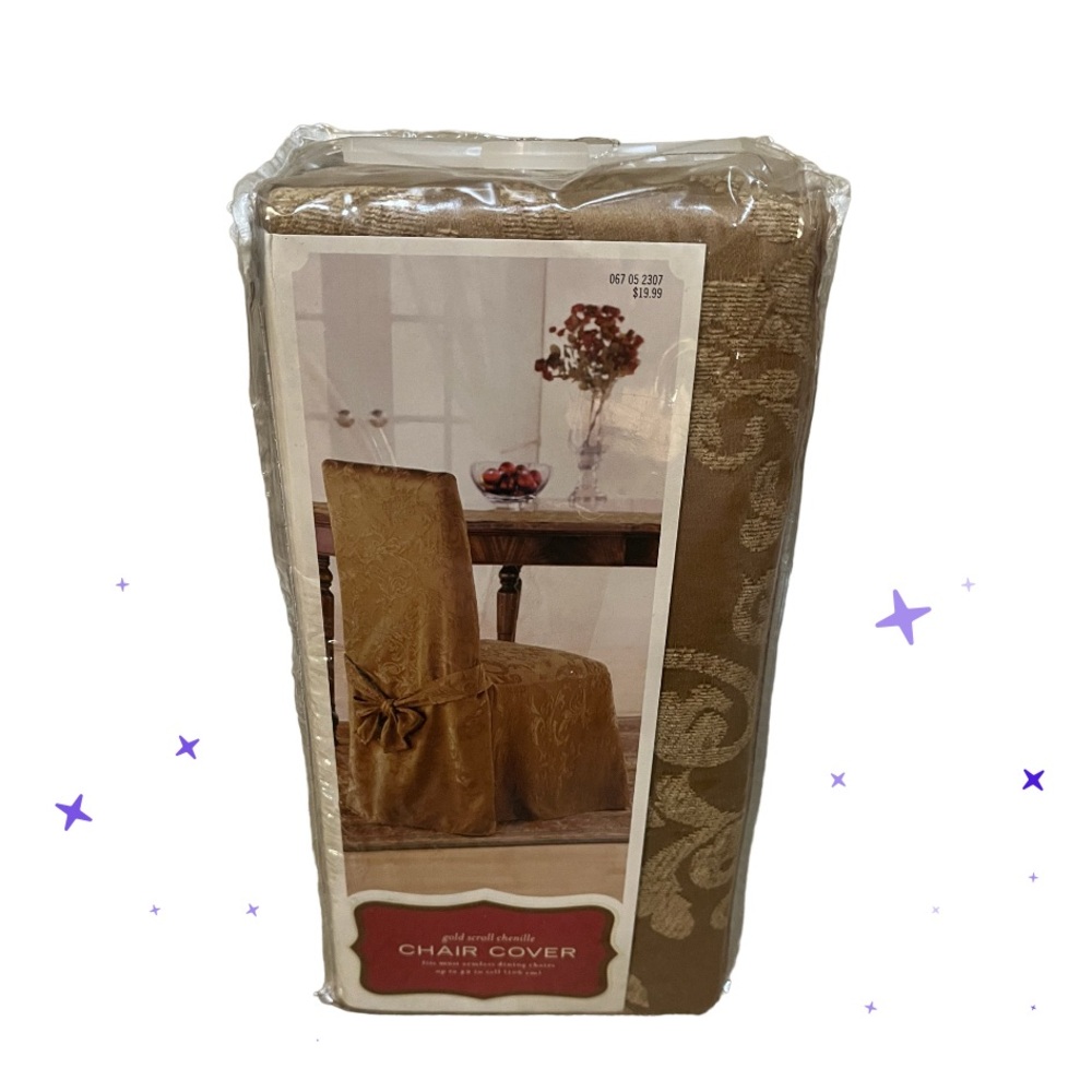 Vintage NEW Gold Scroll Chenille Armless Dining Room Chair Cover~Gold Up To 42”